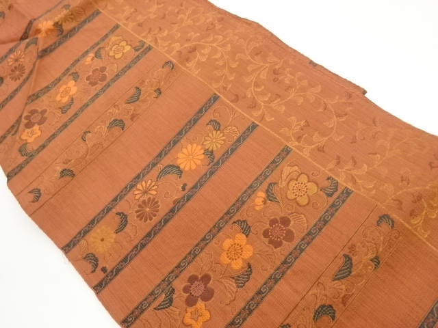 Nagoya obi woven with floral arabesque pattern in horizontal stripes